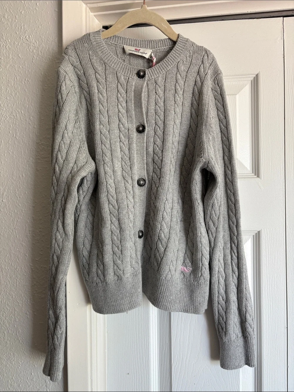 Vineyard Vines Girls L Light Gray Cotton Cashmere Cable-Knit Crewneck Cardigan